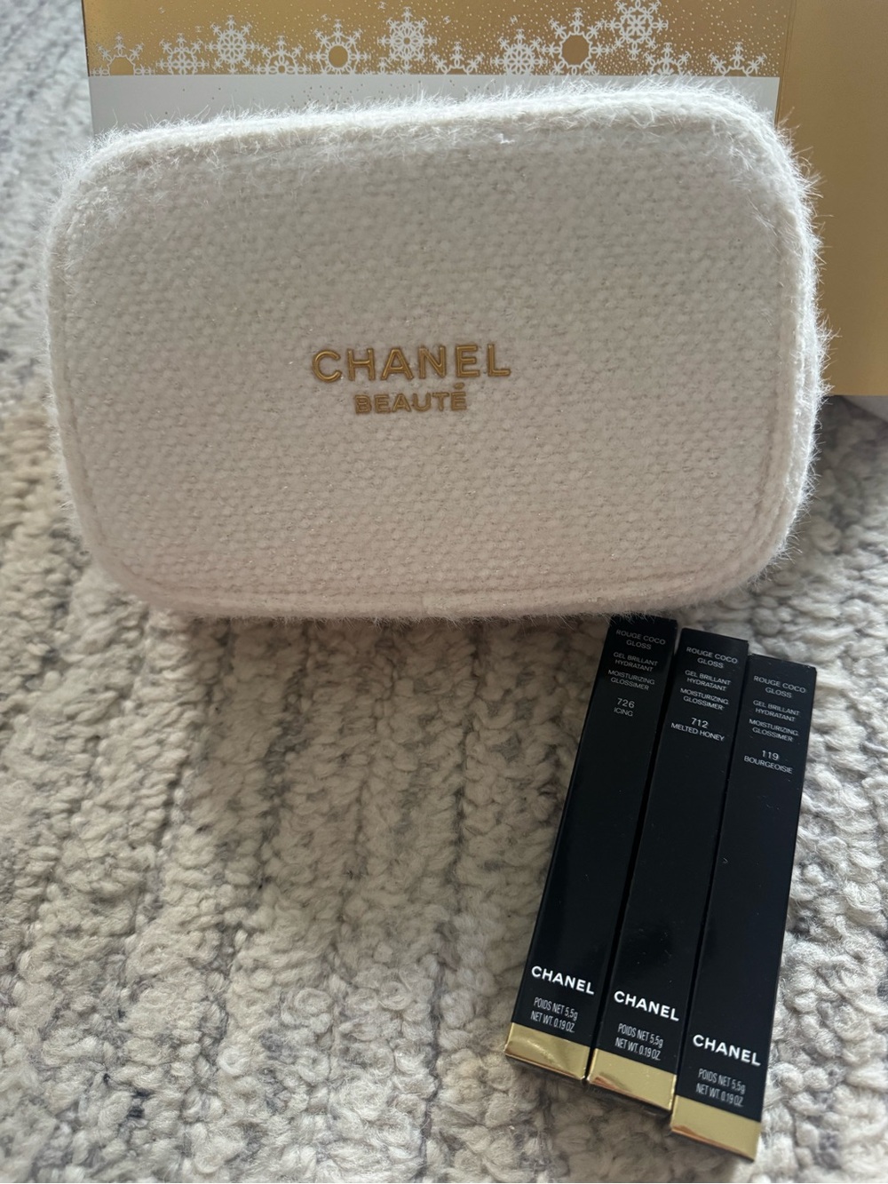 CHANEL Gold and White Holiday Gift Box with Snowflake Accent